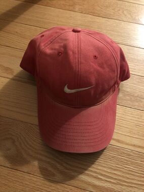 VINTAGE Nike Hat Cap Strap Back Faded Red White Swoosh Logo Mens Rare Silver Tag